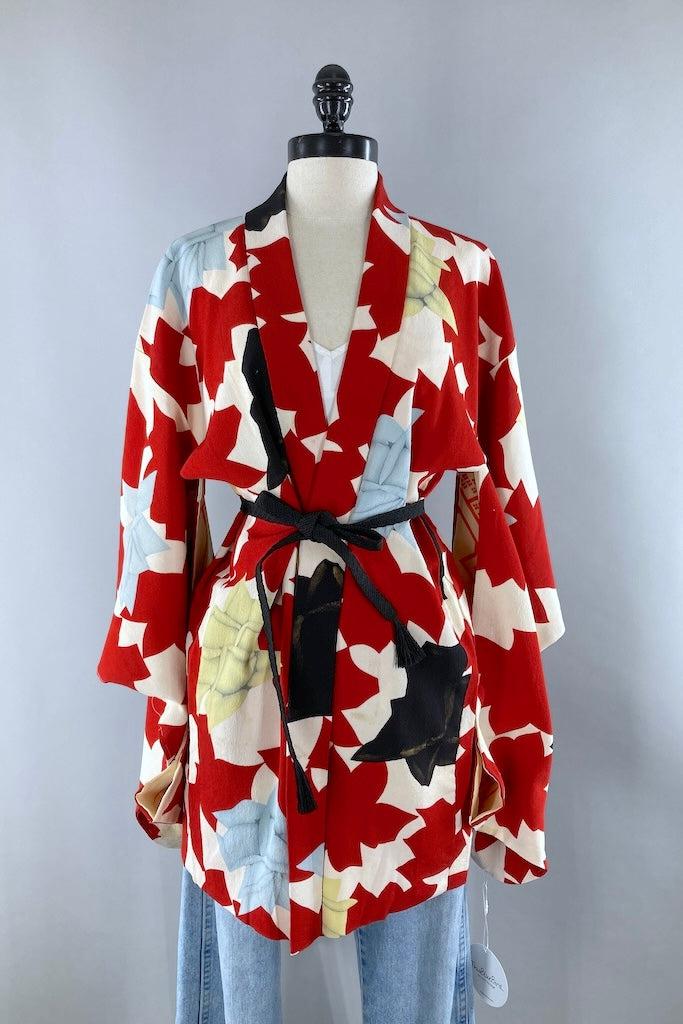 Vintage Red Roses Silk Kimono Cardigan-ThisBlueBird