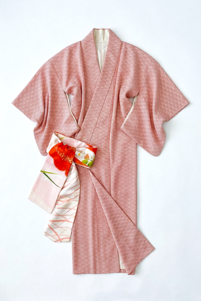 Vintage Red Seigaiha Silk Kimono Robe-ThisBlueBird