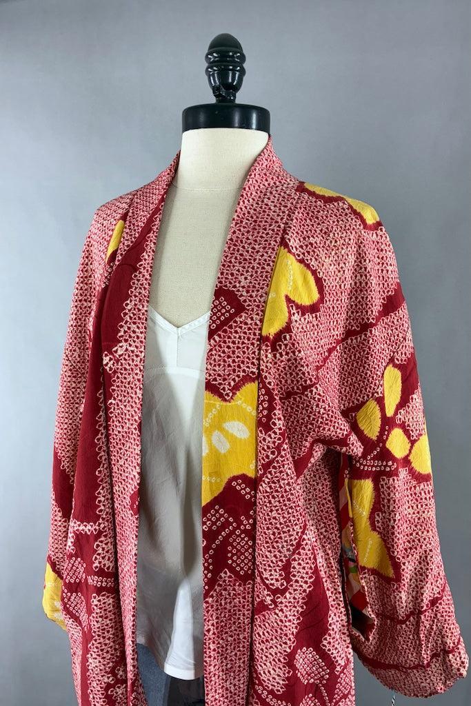 Vintage Red Shibori Silk Kimono Cardigan-ThisBlueBird