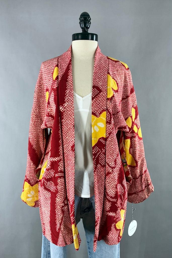 Vintage Red Shibori Silk Kimono Cardigan-ThisBlueBird