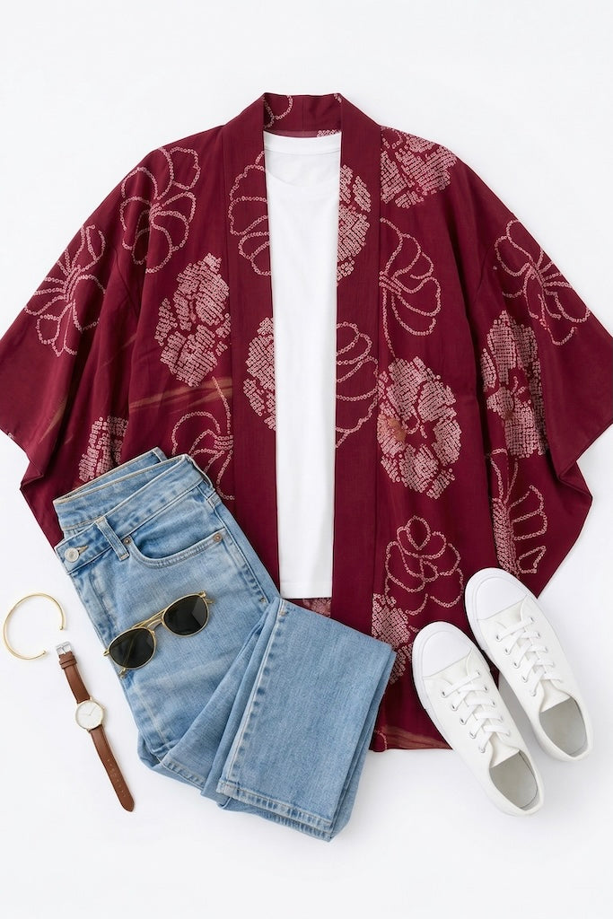 Vintage Red Shibori Silk Kimono Cardigan-ThisBlueBird