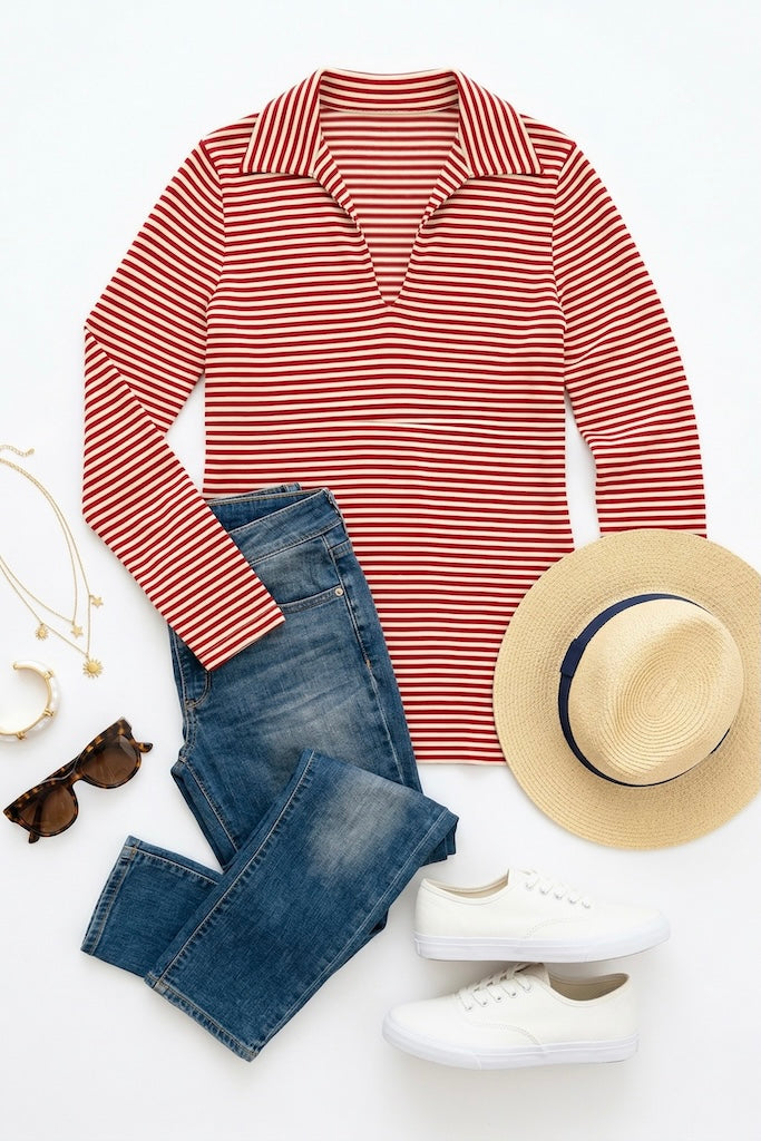 Vintage Red Striped Casual Top-ThisBlueBird