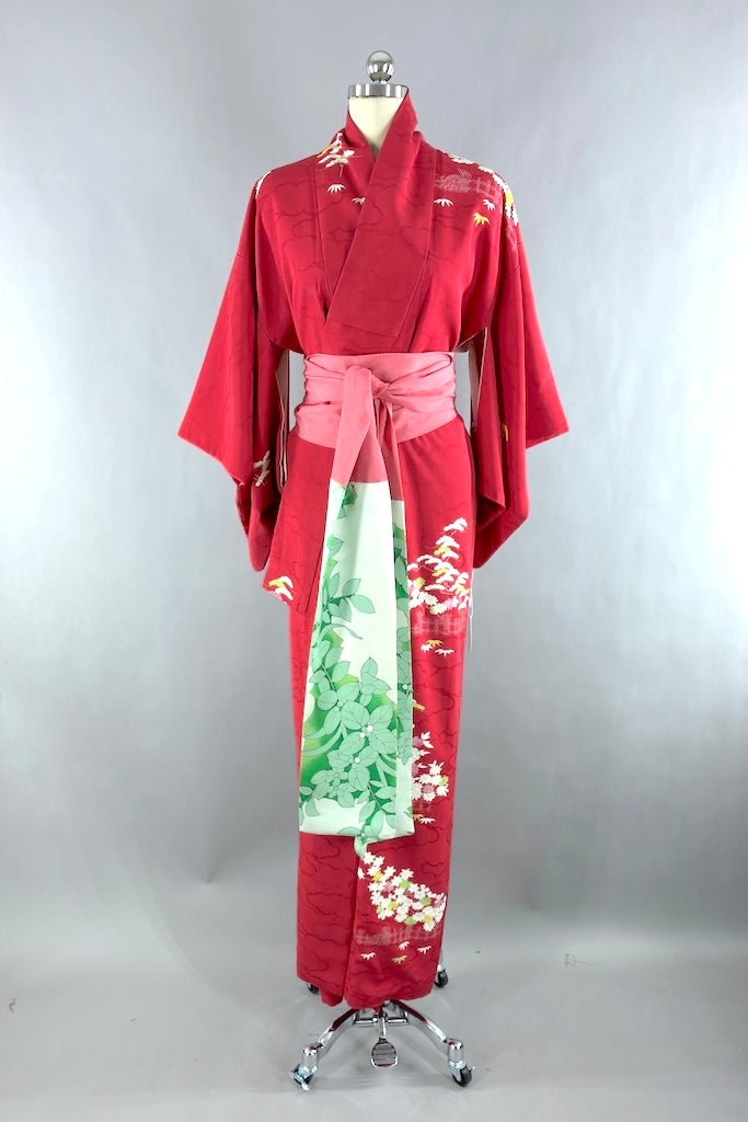 Vintage Red & White Silk Kimono Robe-ThisBlueBird