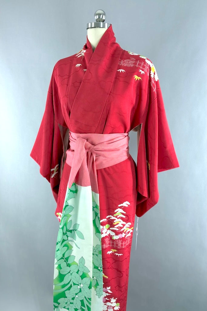 Vintage Red &amp; White Silk Kimono Robe-ThisBlueBird