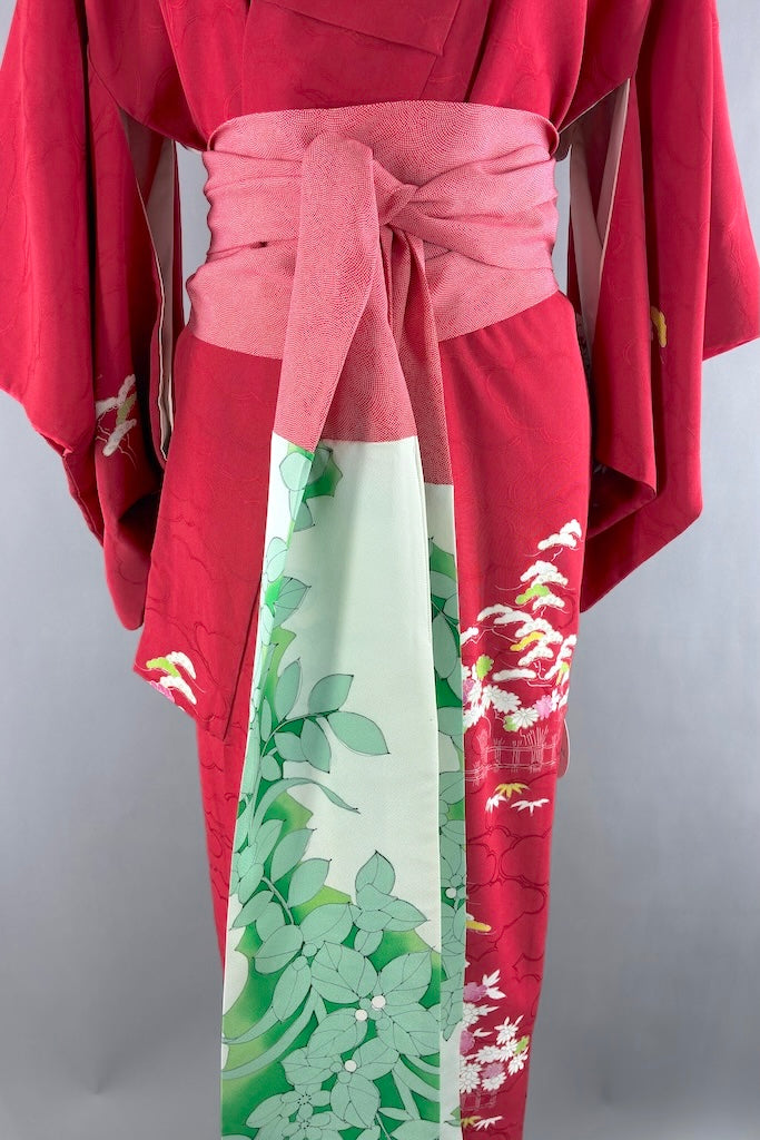 Vintage Red &amp; White Silk Kimono Robe-ThisBlueBird
