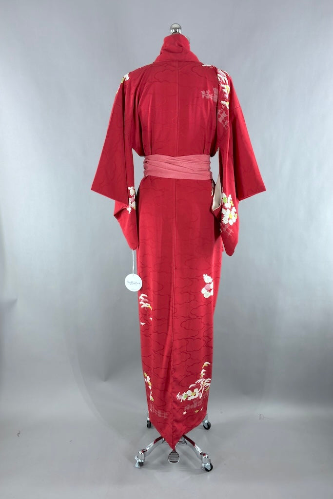 Vintage Red &amp; White Silk Kimono Robe-ThisBlueBird