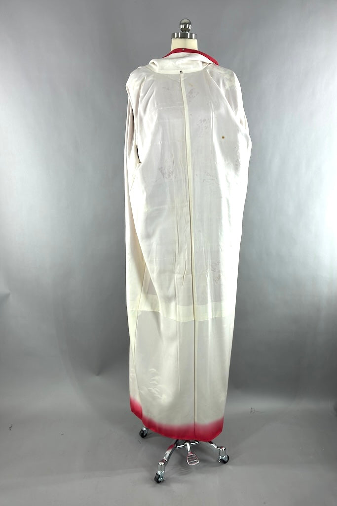 Vintage Red &amp; White Silk Kimono Robe-ThisBlueBird