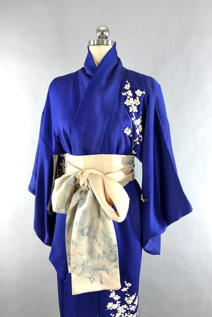 Vintage Royal Blue Birds Silk Kimono-ThisBlueBird