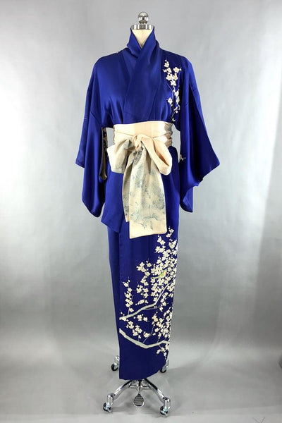 Vintage Royal Blue Birds Silk Kimono-ThisBlueBird