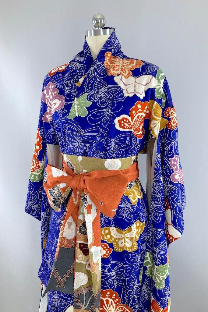 Vintage Royal Blue Butterflies Silk Kimono-ThisBlueBird