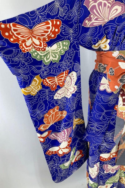 Vintage Royal Blue Butterflies Silk Kimono-ThisBlueBird