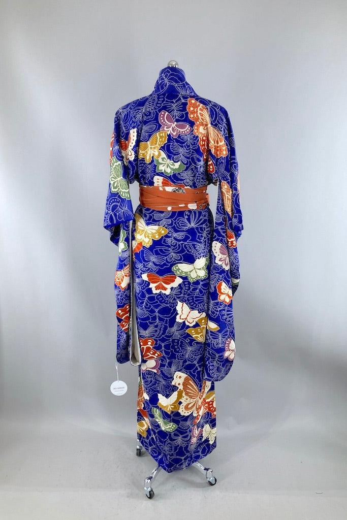 Vintage Royal Blue Butterflies Silk Kimono-ThisBlueBird