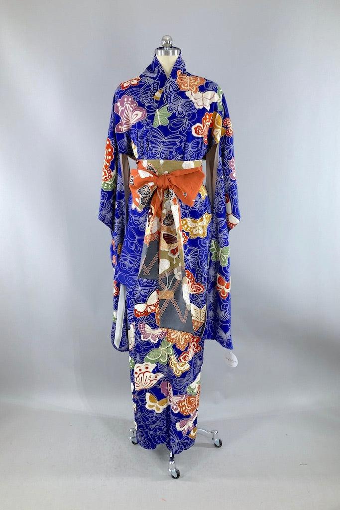 Vintage Royal Blue Butterflies Silk Kimono-ThisBlueBird