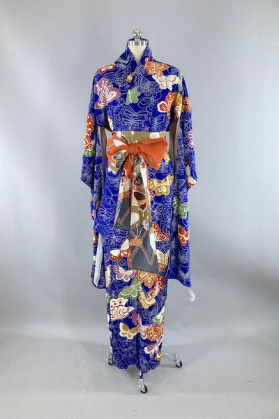 Vintage Royal Blue Butterflies Silk Kimono-ThisBlueBird