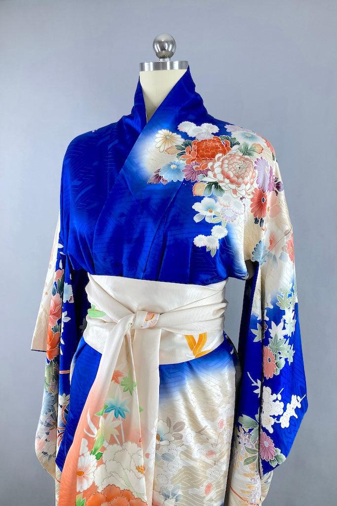 Vintage Royal Blue Floral Silk Furisode Kimono-ThisBlueBird