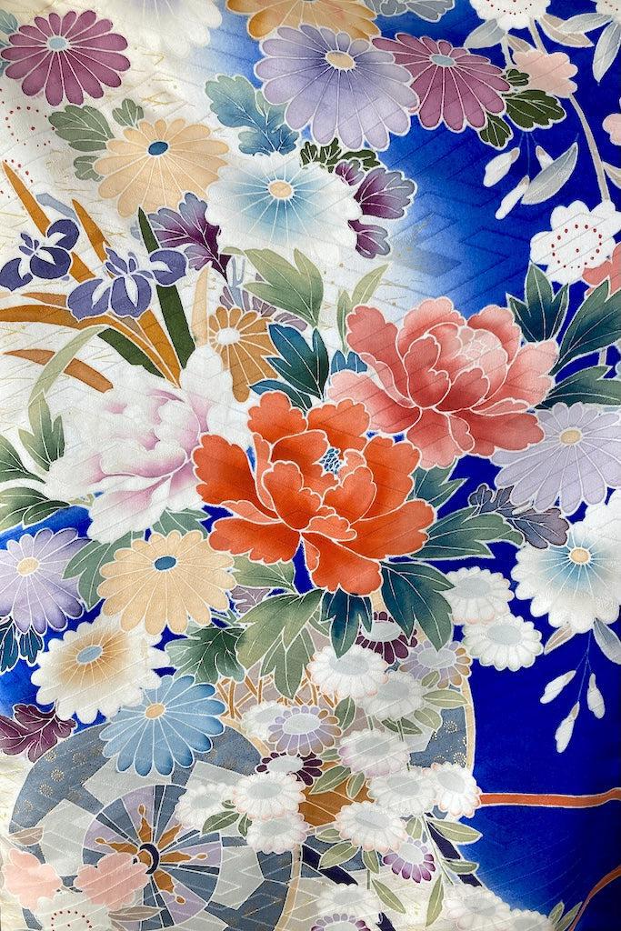 Vintage Royal Blue Floral Silk Furisode Kimono-ThisBlueBird
