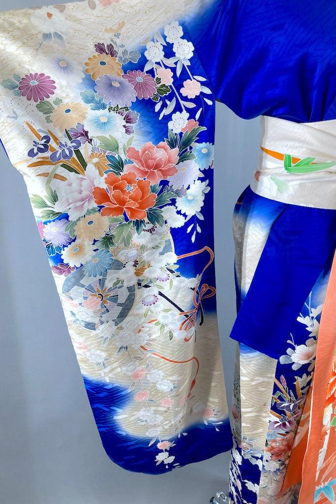 Vintage Royal Blue Floral Silk Furisode Kimono-ThisBlueBird