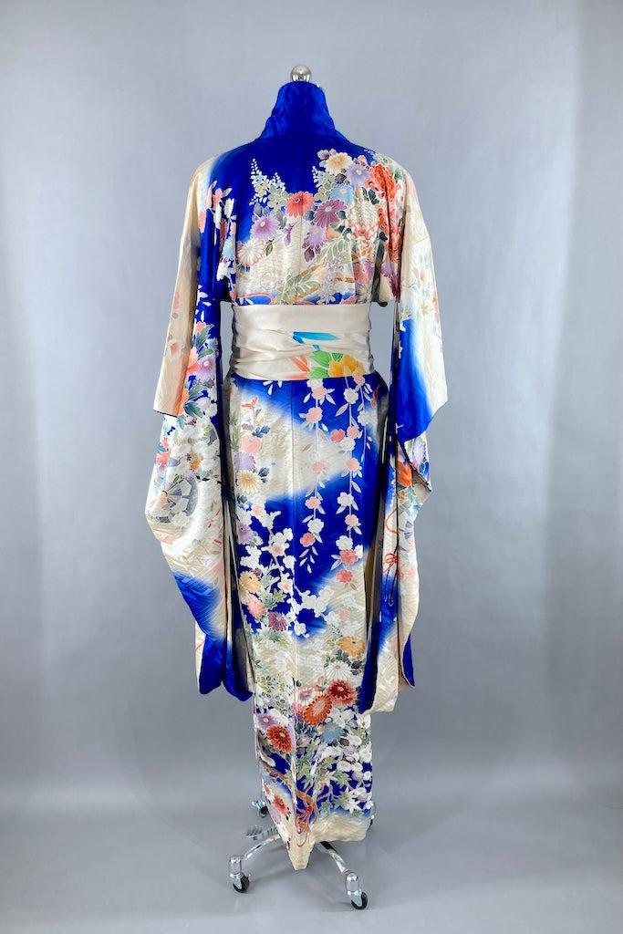 Vintage Royal Blue Floral Silk Furisode Kimono-ThisBlueBird
