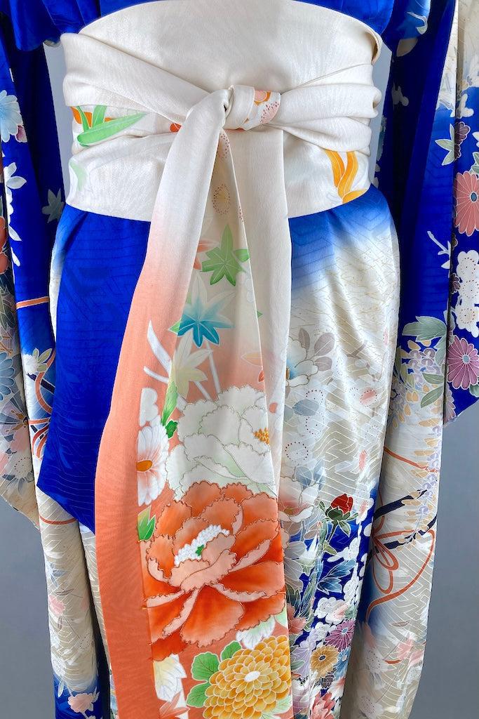 Vintage Royal Blue Floral Silk Furisode Kimono-ThisBlueBird