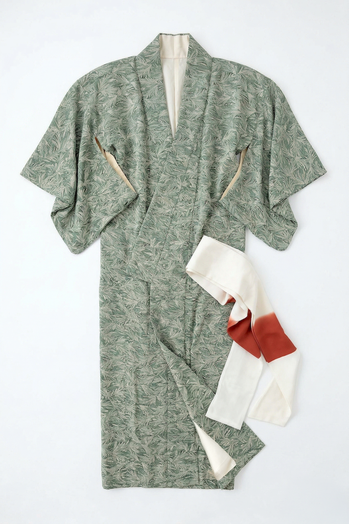 Vintage Sage Green Silk Kimono Robe-ThisBlueBird