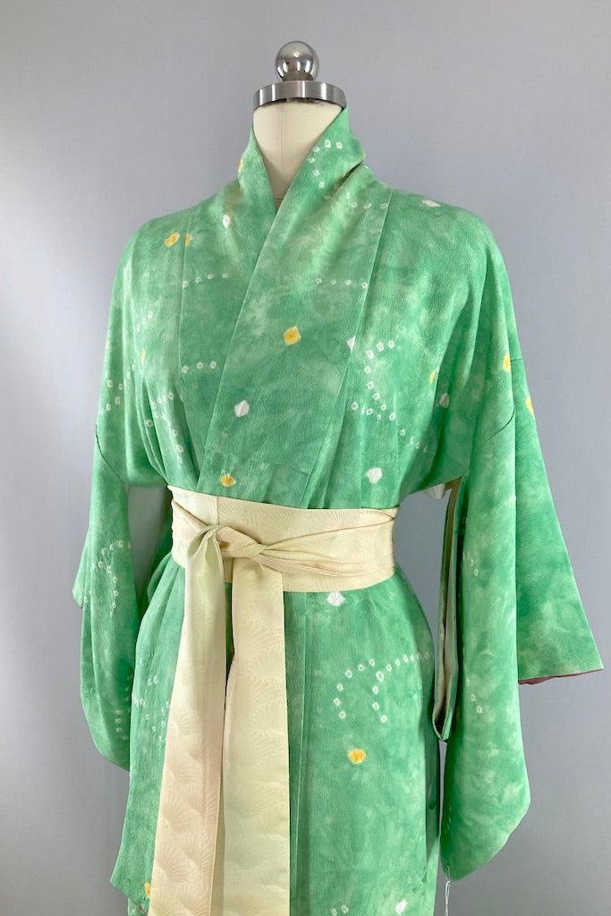 Vintage Sea Green Shibori Silk Kimono-ThisBlueBird