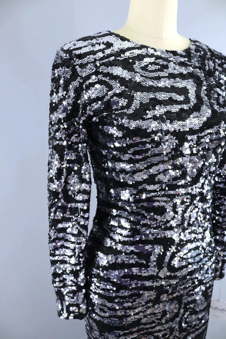 Vintage Sequined Black Evening Gown-ThisBlueBird