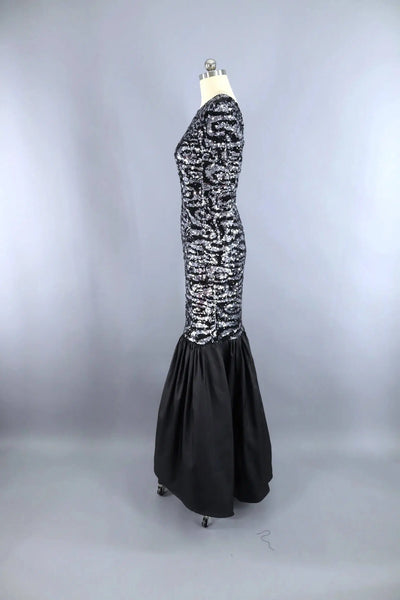 Vintage Sequined Black Evening Gown-ThisBlueBird