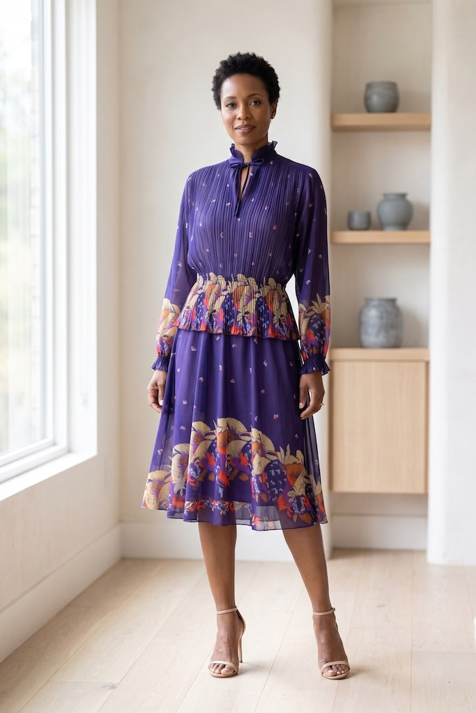 Vintage Sheer Purple Floral Peplum Dress-ThisBlueBird