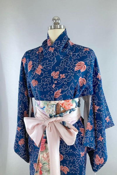 Vintage Silk Navy Leaf Kimono-ThisBlueBird