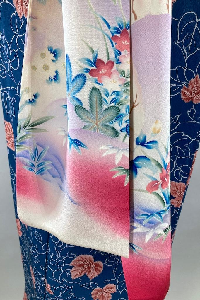 Vintage Silk Navy Leaf Kimono-ThisBlueBird