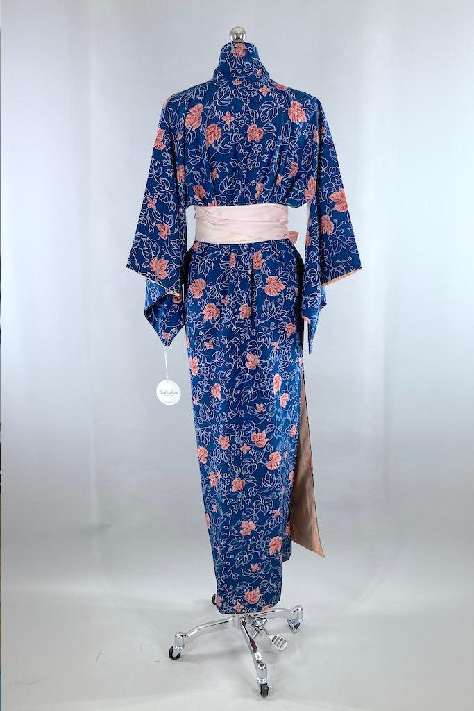 Vintage Silk Navy Leaf Kimono-ThisBlueBird