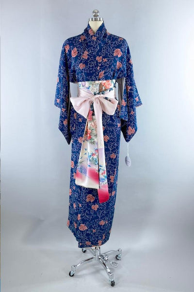 Vintage Silk Navy Leaf Kimono-ThisBlueBird