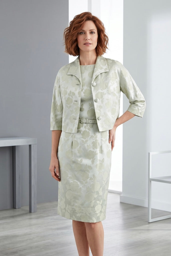 Vintage Silver Green Satin Damask Dress and Jacket Set-ThisBlueBird