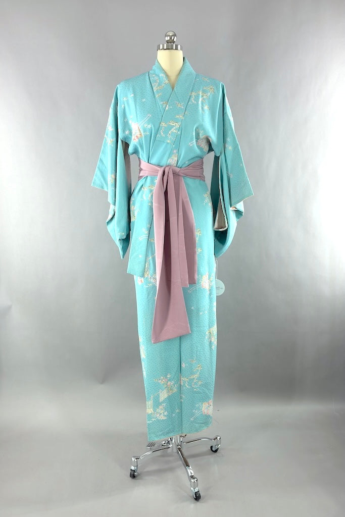Vintage Sky Blue Silk Kimono Robe-ThisBlueBird