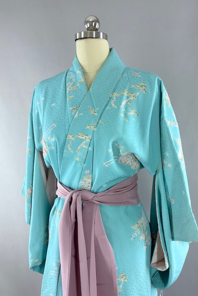 Vintage Sky Blue Silk Kimono Robe-ThisBlueBird