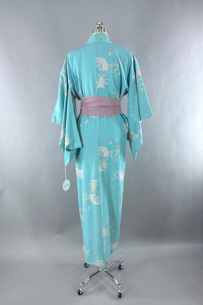Vintage Sky Blue Silk Kimono Robe-ThisBlueBird