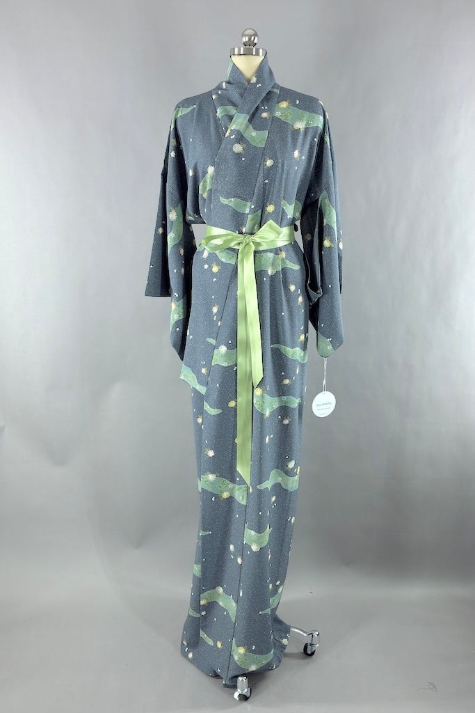 Vintage Slate Blue Summer Silk Kimono Robe-ThisBlueBird