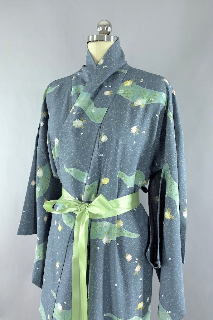 Vintage Slate Blue Summer Silk Kimono Robe-ThisBlueBird