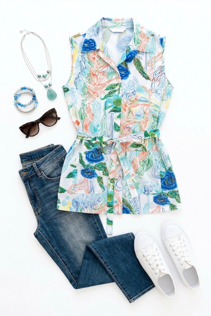 Vintage Sleeveless Floral Print Blouse-ThisBlueBird
