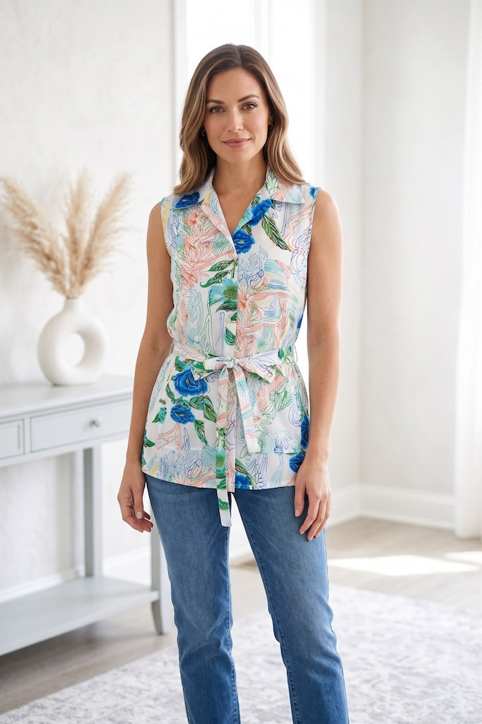 Vintage Sleeveless Floral Print Blouse-ThisBlueBird