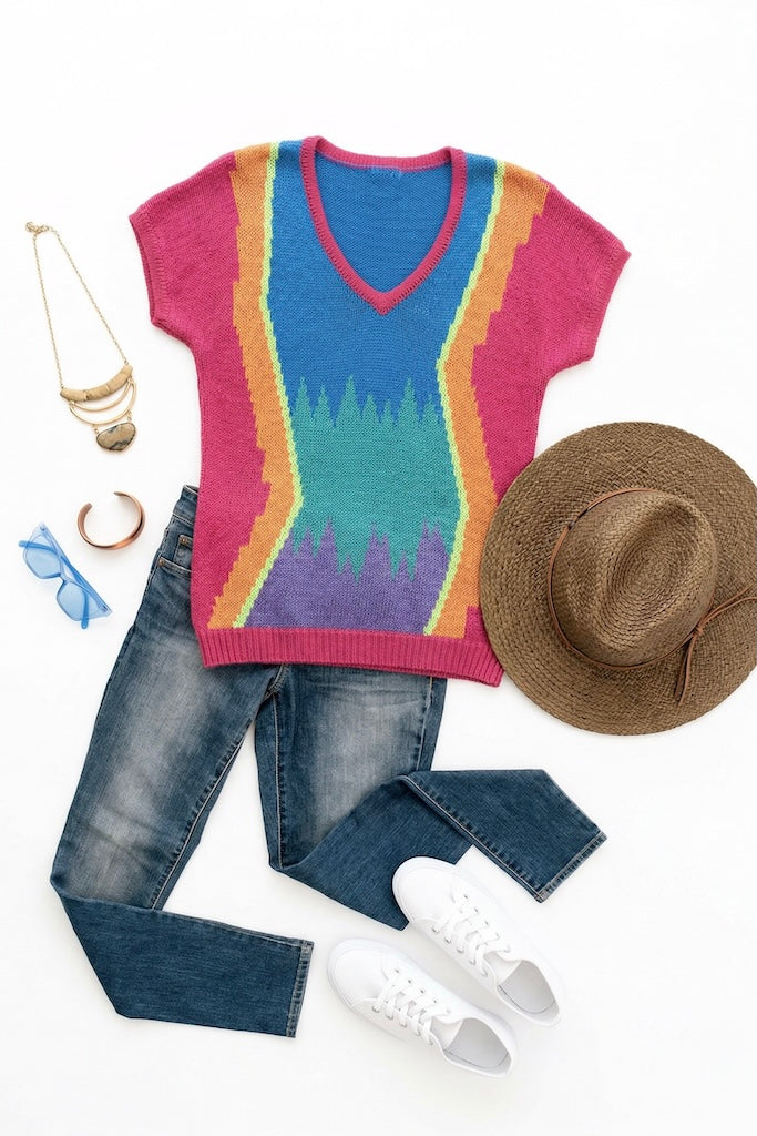 Vintage Summer Rainbow Knit Top-ThisBlueBird