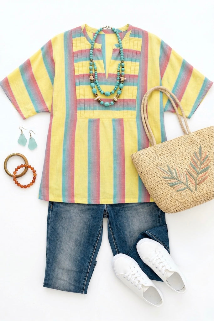 Vintage Summer Yellow Striped Tunic-ThisBlueBird