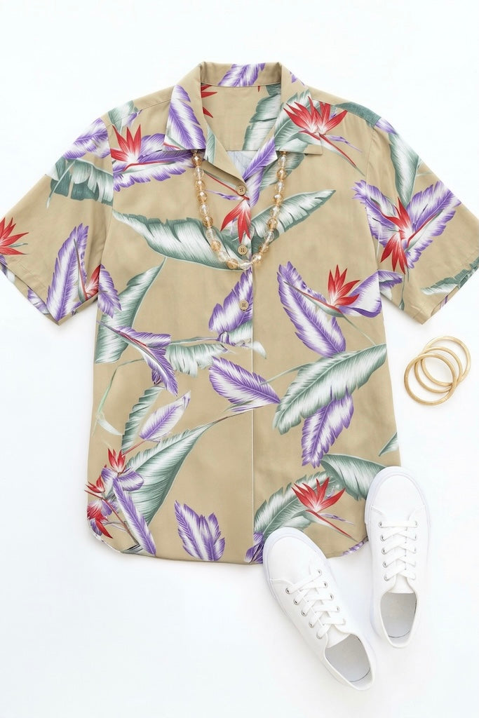 Vintage Tan Hawaiian Print Blouse-ThisBlueBird