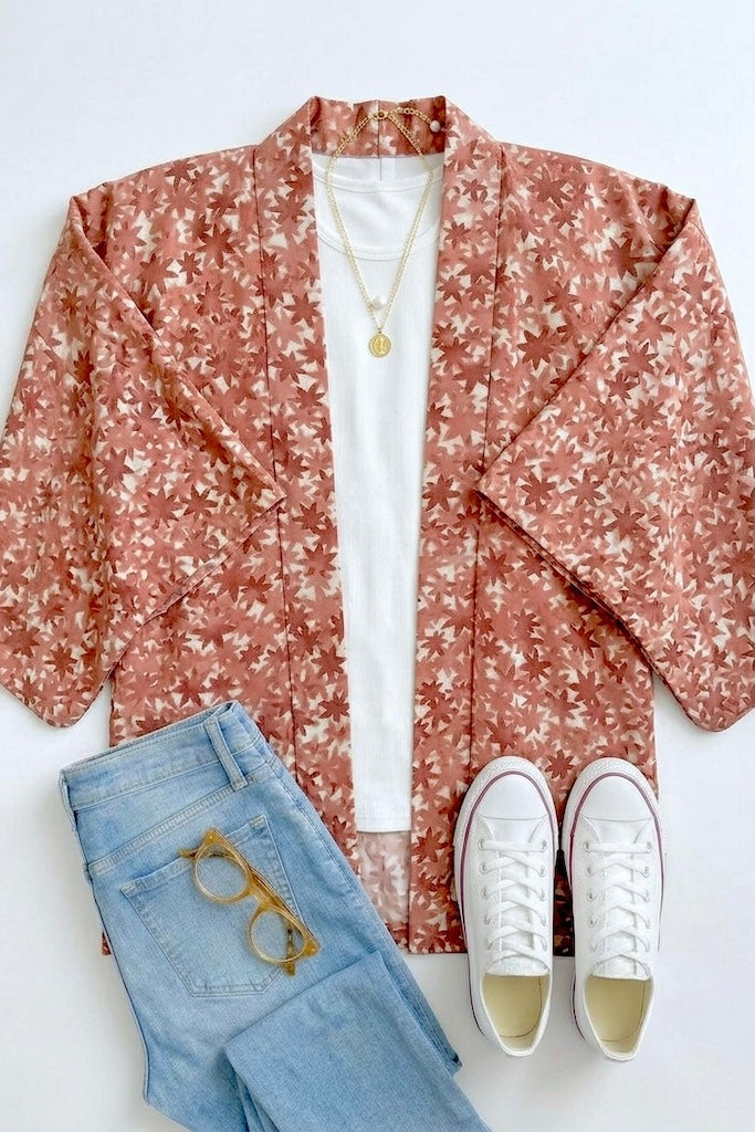 Vintage Terra Cotta Leaves Kimono Cardigan-ThisBlueBird