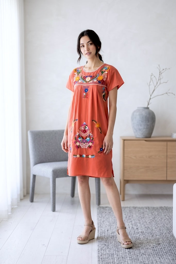 Vintage Terra Cotta Mexican Embroidered Dress-ThisBlueBird