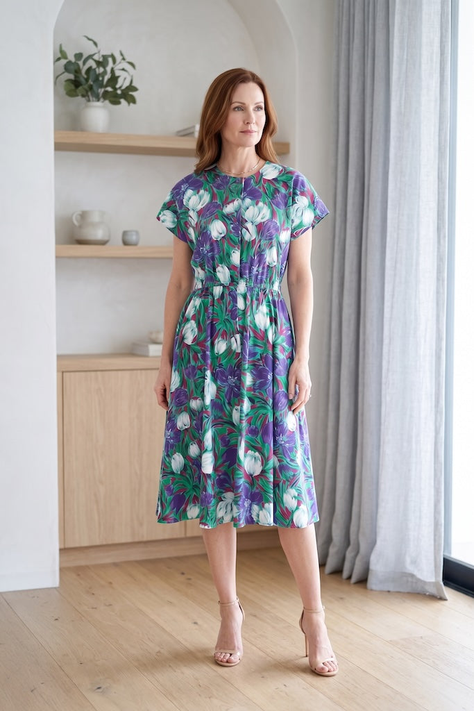 Vintage Tulip Floral Print Cotton Dress-ThisBlueBird