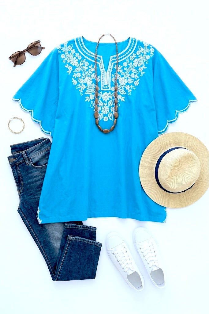 Vintage Turquoise Blue Embroidered Tunic Blouse-ThisBlueBird