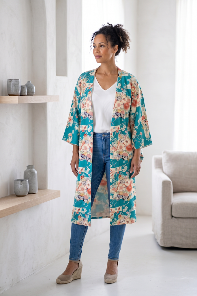 Vintage Turquoise Cotton Kimono Style Robe-ThisBlueBird