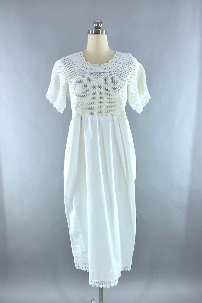 Vintage White Crochet Cotton Summer Dress-ThisBlueBird