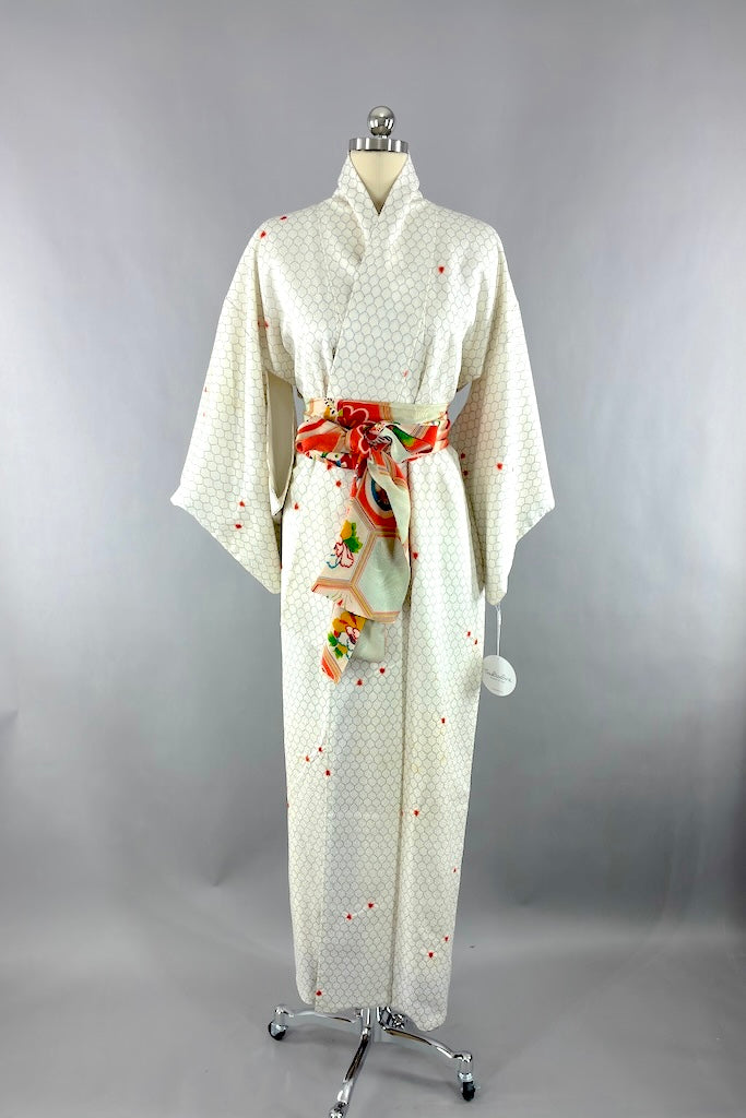 Vintage White Hexagon Print Kimono Robe-ThisBlueBird